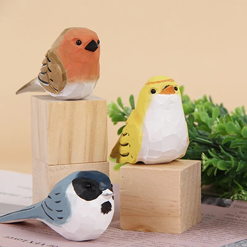Wood Bird Statue Kawaii Handmade Craft Figurine Carving Model Cute Animal Statue Gifts Home Decor Lovely Sculpture Friend Gift