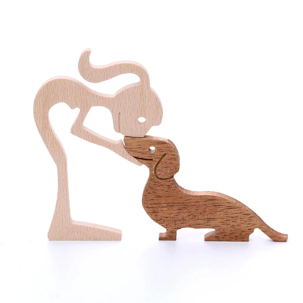 Family Wood Dog Decor Handmade Sculptures Craft Creative Figurine Ornement Decoration For Bedroom Home Office Decor Gift Natural