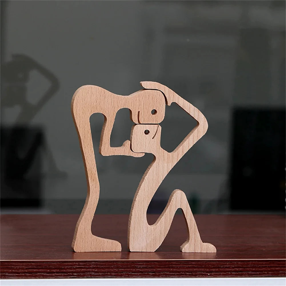 Family Wood Dog Decor Handmade Sculptures Craft Creative Figurine Ornement Decoration For Bedroom Home Office Decor Gift Natural