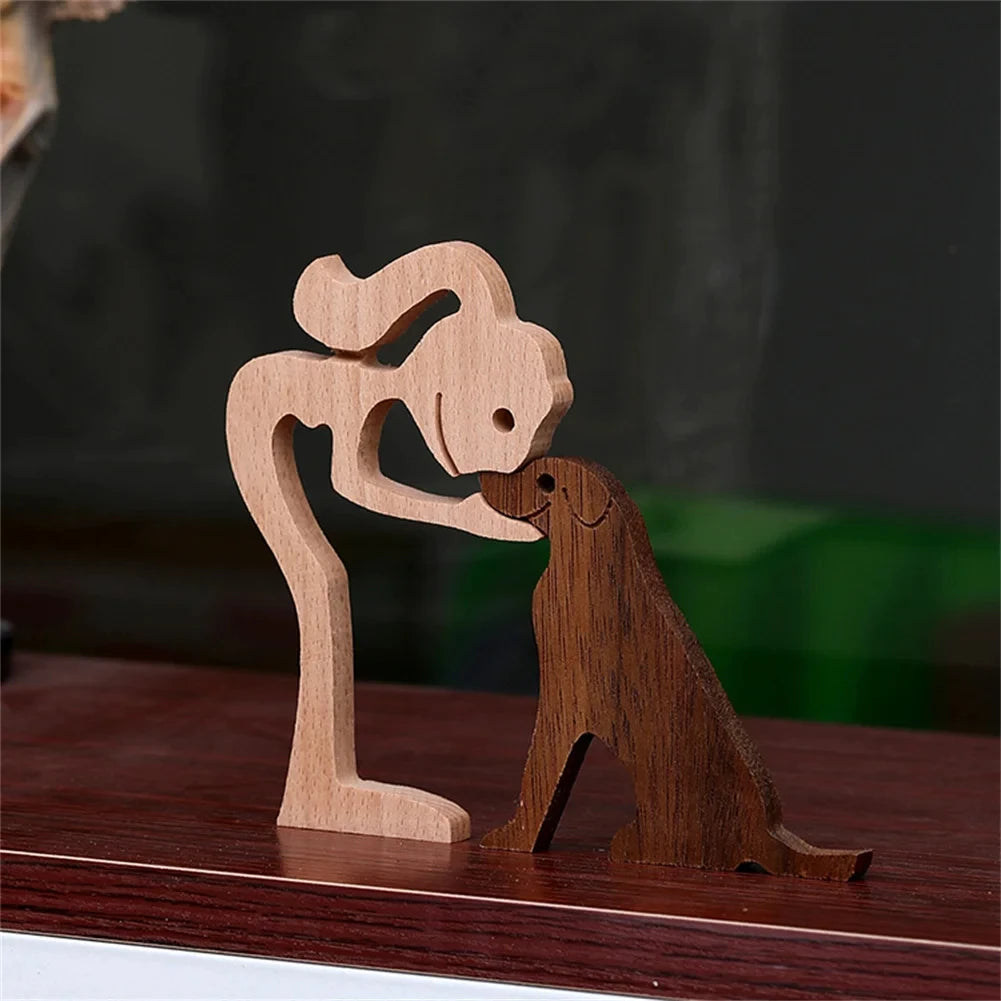 Family Wood Dog Decor Handmade Sculptures Craft Creative Figurine Ornement Decoration For Bedroom Home Office Decor Gift Natural