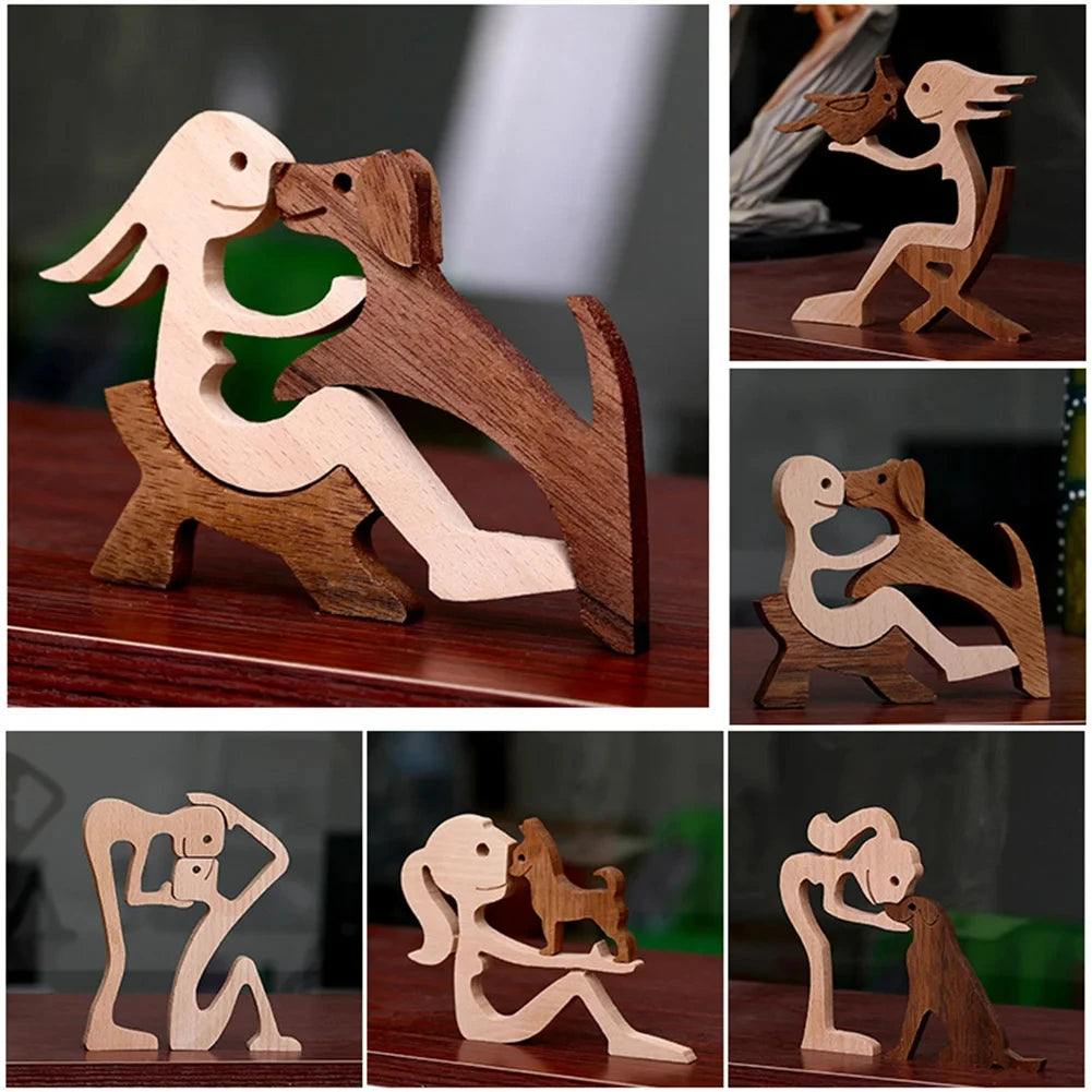 Family Wood Dog Decor Handmade Sculptures Craft Creative Figurine Ornement Decoration For Bedroom Home Office Decor Gift Natural