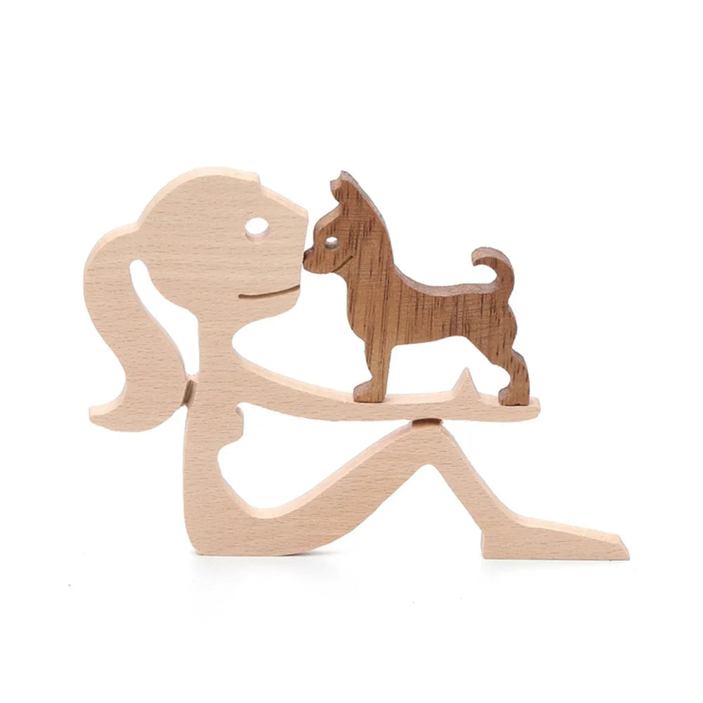 Family Wood Dog Decor Handmade Sculptures Craft Creative Figurine Ornement Decoration For Bedroom Home Office Decor Gift Natural